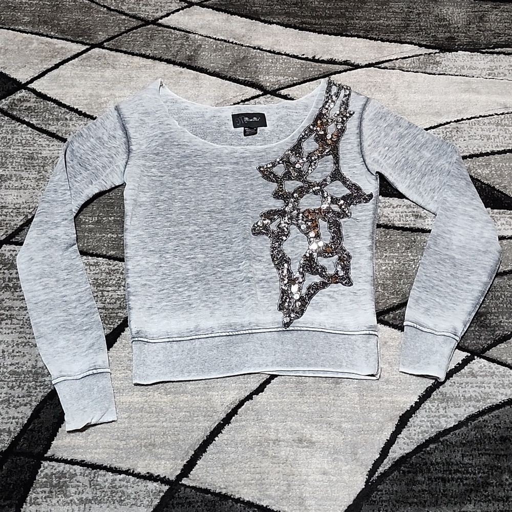 VINTAGE MISS ME EMBROIDERED SEQUINS BURN-OUT GRAY COLD SHOULDER LONG-SLE…